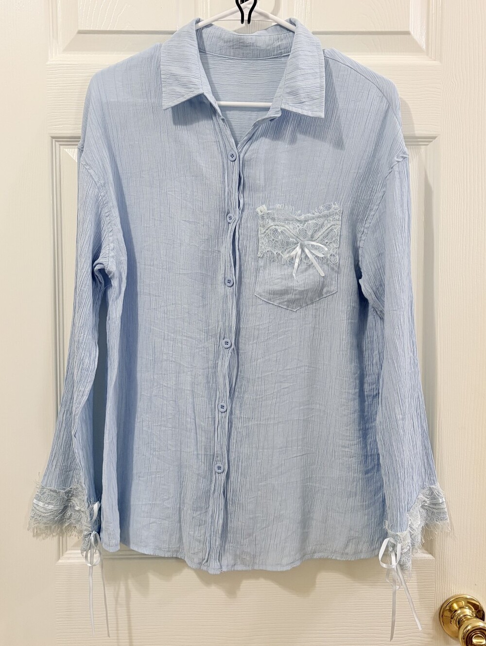 Light Blue Button Down Shirt Large Crinkle Gauze Lace Bow Pocket Long Sleeve